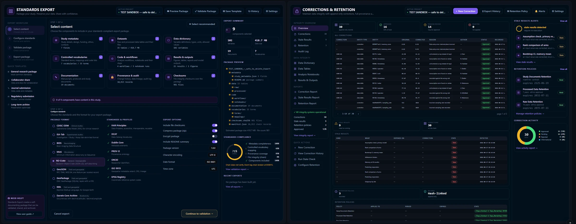 Standards Export & Corrections & Retention